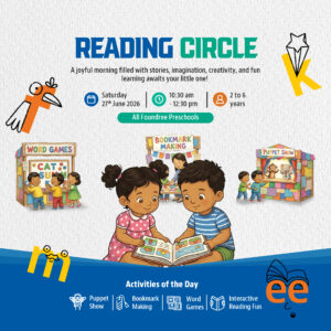 Promotional flyers for a Reading Circle event at Foundree preschool and daycare featuring illustrated children reading books.